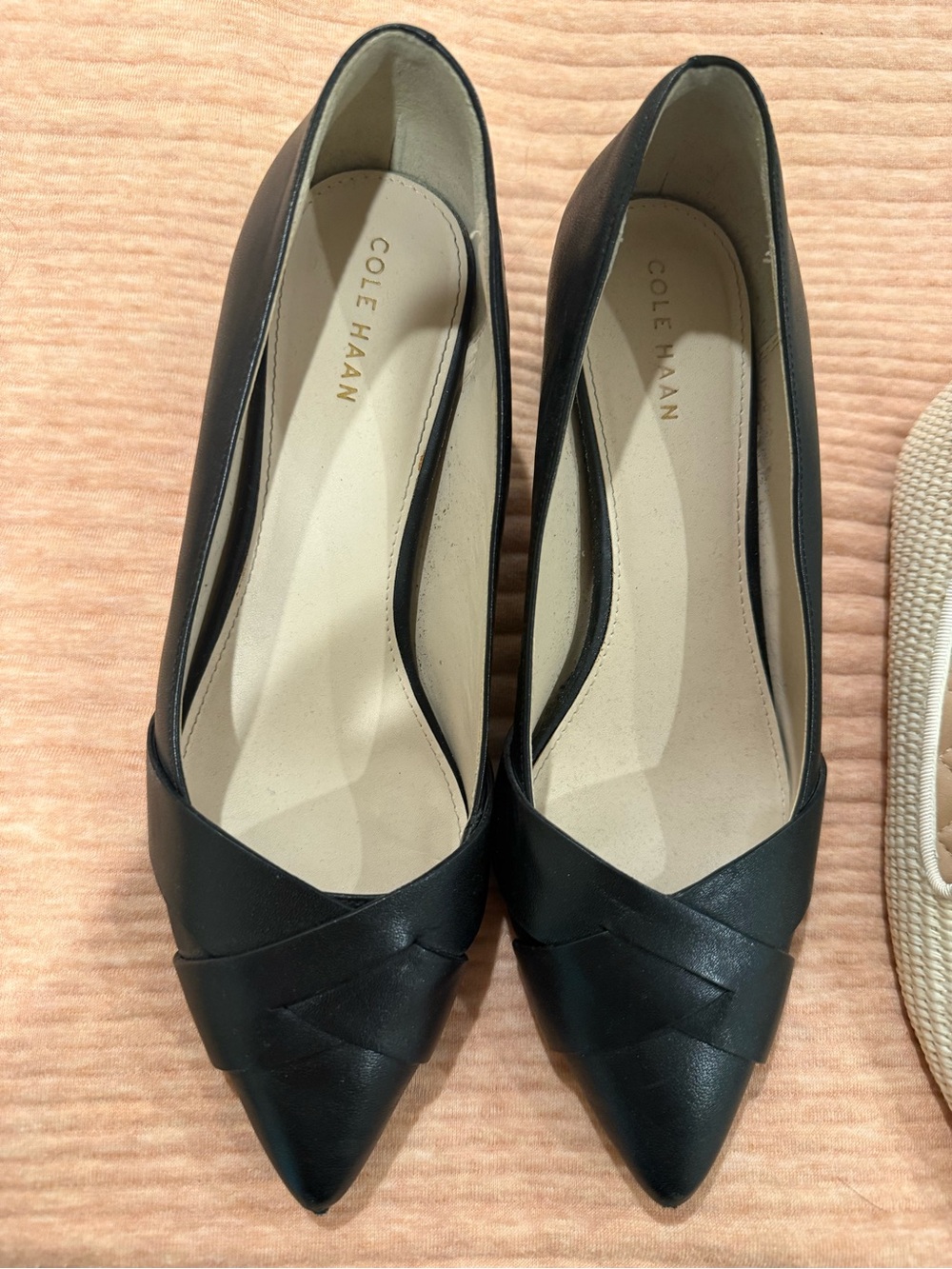 Cole Haan Black Pointed-Toe Leather Flats with Woven Toe Detail